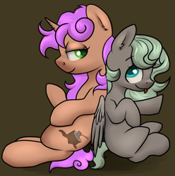 Size: 2164x2180 | Tagged: safe, artist:dumbwoofer, oc, oc:bristlecone, oc:forest air, pegasus, pony, unicorn, :p, back to back, ear fluff, female, filly, foal, high res, looking back, mare, siblings, simple background, sisters, sitting, smiling, tongue out