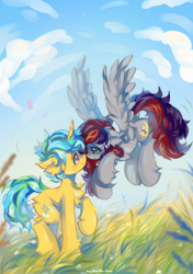 Size: 3226x4574 | Tagged: safe, artist:vanilla-chan, oc, oc only, oc:sunrise sentry, pegasus, pony, unicorn, duo, female, flying, freckles, jewelry, male, mare, necklace, nose to nose, pearl necklace, shipping, stallion, straight