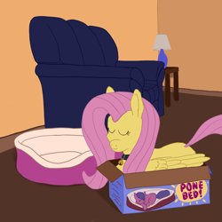 Size: 2160x2160 | Tagged: safe, artist:callichrome, fluttershy, pegasus, pony, g4, behaving like a cat, bell, bell collar, box, collar, couch, cute, flutterbox, folded wings, high res, if i fits i sits, pet bed, pony in a box, pony pet, smiling, solo, wings