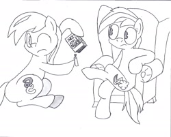 Size: 2107x1696 | Tagged: safe, artist:scootaloormayfly, rainbow dash, oc, earth pony, pegasus, pony, fanfic:sweet apple massacre, g4, black and white, book, couch, dexterous hooves, female, fire, grayscale, hoof hold, lighter, male, mare, monochrome, one eye closed, pac-man eyes, simple background, sitting, stallion, white background, wink