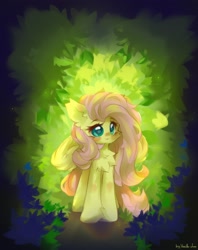 Size: 1711x2160 | Tagged: safe, artist:vanilla-chan, fluttershy, pegasus, pony, g4, blushing, bush, chest fluff, cute, female, front view, full body, leaves, mare, partially open wings, shyabetes, solo, wings