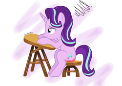 Size: 1024x728 | Tagged: safe, starlight glimmer, pony, unicorn, desk, detention, female, implied spanking, mare, simple background, sitting, solo, spanked, stool, white background