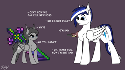 Size: 3264x1836 | Tagged: safe, artist:kainy, oc, oc only, oc:danger above, oc:kainy, bat pony, hybrid, pegasus, pony, concave belly, folded wings, looking at each other, looking at someone, slender, terraria, thin, wings