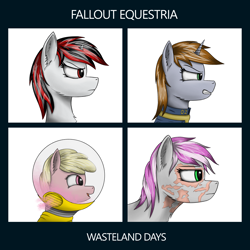 Size: 4000x4000 | Tagged: safe, artist:enteryourponyname, oc, oc only, oc:blackjack, oc:hired gun, oc:littlepip, oc:puppysmiles, earth pony, pony, unicorn, fallout equestria, fallout equestria: heroes, fallout equestria: project horizons, angry, bodysuit, bust, canterlot ghoul, clothes, ear fluff, earth pony oc, eyepatch, facial scar, fanfic art, female, filly, foal, front view, gorillaz, horn, jumpsuit, mare, pink cloud (fo:e), portrait, prosthetic eye, prosthetics, radiation suit, reference, scar, serious, serious face, small horn, smiling, tired eyes, unicorn oc, vault suit