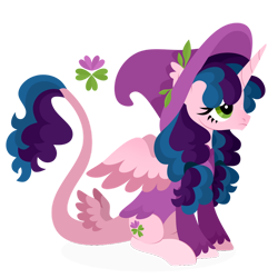 Size: 1024x1024 | Tagged: safe, artist:kabuvee, oc, alicorn, pony, alicorn oc, clothes, cutie mark, female, flower, hat, horn, leonine tail, lineart, mare, simple background, solo, tail, tail wings, transparent background, wings, witch hat