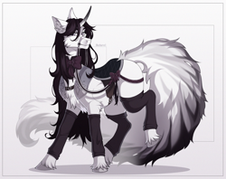 Size: 2000x1583 | Tagged: safe, artist:shchavel, oc, oc only, earth pony, pony, art, cheek fluff, chest fluff, clothes, commission, commission open, curved horn, ear fluff, female, hoof fluff, horn, impossibly long tail, long tail, original art, slender, socks, sternocleidomastoid, tail, thin, unshorn fetlocks
