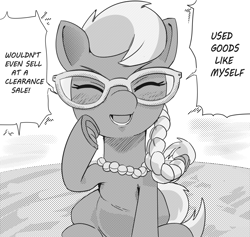 Size: 2280x2160 | Tagged: safe, artist:applephil, silver spoon, earth pony, pony, g4, black and white, eyes closed, female, filly, foal, grayscale, high res, monochrome, open mouth, open smile, sitting, smiling, solo, speech bubble, talking to viewer, underhoof