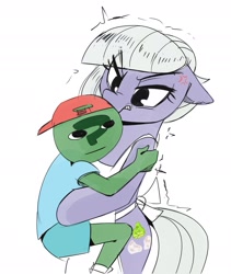 Size: 1637x1944 | Tagged: safe, artist:applephil, limestone pie, oc, oc:anon, earth pony, human, pony, g4, angry, apron, backwards ballcap, baseball cap, bipedal, cap, clothes, cross-popping veins, duo, female, floppy ears, hat, holding a human, limestone pie is not amused, male, mare, simple background, unamused, white background