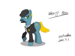 Size: 1890x1417 | Tagged: safe, artist:eastvodka, oc, oc only, oc:sheriff beer, earth pony, pony, clothes, facial hair, hat, male, moustache, simple background, solo, white background, yellow mane