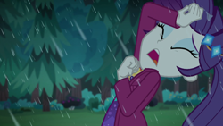 Size: 1280x720 | Tagged: safe, screencap, rarity, human, equestria girls, g4, inclement leather, my little pony equestria girls: choose your own ending, female, implied crying, marshmelodrama, rain, rarity being rarity, sad, solo