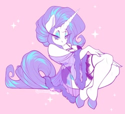 Size: 2048x1871 | Tagged: safe, artist:spookieghoulie, rarity, unicorn, anthro, g4, clothes, eyelashes, female, garter belt, horn, lingerie, narrowed eyes, pink background, simple background, socks, solo, stockings, thigh highs