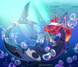Size: 2727x2320 | Tagged: safe, artist:maximpy, oc, oc only, original species, pony, shark, shark pony, bubble, crepuscular rays, digital art, dorsal fin, fangs, fish tail, high res, jewelry, necklace, ocean, red mane, smiling, solo, sparkles, sunlight, swimming, tail, underwater, water, watermark