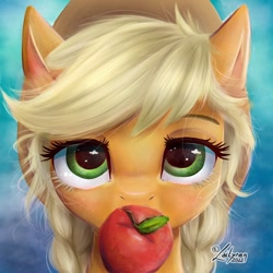 Size: 1000x1000 | Tagged: safe, artist:lailyren, applejack, earth pony, pony, g4, apple, applejack's hat, bust, cowboy hat, cute, female, food, hat, herbivore, jackabetes, looking at you, mouth hold, solo