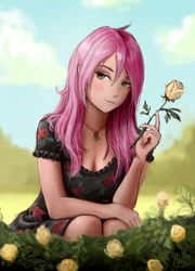 Size: 1000x1387 | Tagged: safe, artist:magfen, roseluck, human, g4, breasts, cleavage, cloud, female, flower, human coloration, humanized, jewelry, necklace, plant, rose, sky, solo