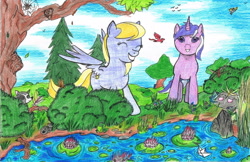 Size: 2158x1396 | Tagged: safe, artist:assertiveshypony, amethyst star, cloud kicker, sparkler, changeling, dragon, dragonfly, frog, insect, pegasus, pony, raccoon, spider, unicorn, g4, bush, can, cloud, cloudy, happy, rock, smiling, traditional art, tree, water, waterlily