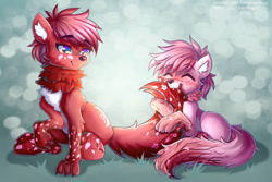 Size: 1095x730 | Tagged: safe, artist:chaosangeldesu, oc, oc only, oc:akura, oc:nohana, timber wolf, wolf, wolf pony, biting, blossomwolves, branches, cherry blossoms, chest fluff, claws, crescent moon, cute, ears up, eyes closed, fangs, father, father and child, father and son, flower, flower blossom, fluffy tail, freckles, hips, hooves, hug, looking at someone, male, moon, neck fluff, offspring, paws, petals, son, spiky hair, tail, tail bite, tail hug, two toned mane, two toned tail, white belly
