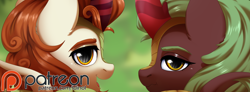 Size: 4992x1830 | Tagged: safe, artist:dinoalpaka, autumn blaze, cinder glow, summer flare, kirin, g4, advertisement, duo, duo female, female, looking at you, looking back, mare, open mouth, patreon, patreon logo, patreon preview