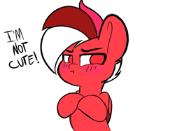 Size: 1015x761 | Tagged: safe, artist:joaothejohn, oc, oc only, oc:flamebrush, pegasus, pony, blatant lies, blushing, crossed arms, cute, denial, frown, i'm not cute, looking at someone, ocbetes, pegasus oc, simple background, solo, text, white background, wings