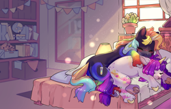 Size: 4096x2625 | Tagged: safe, artist:cutepencilcase, oc, oc only, pony, unicorn, bed, bookshelf, crepuscular rays, dust, dust motes, globe, lamp, plant pot, plushie, teddy bear, window