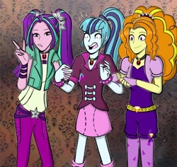 Size: 786x742 | Tagged: safe, artist:elioo, adagio dazzle, aria blaze, sonata dusk, human, equestria girls, g4, clothes, cute, female, open mouth, peace sign, smiling, surprised, the dazzlings, trio