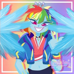 Size: 800x800 | Tagged: safe, artist:windywendy29, rainbow dash, human, equestria girls, g4, belly button, choker, clothes, female, grin, jacket, midriff, nail polish, pants, short shirt, smiling, solo, wings