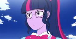 Size: 940x490 | Tagged: safe, artist:elioo, sci-twi, twilight sparkle, human, equestria girls, g4, anime style, bust, clothes, crossover, female, my hero academia, portrait, solo, style emulation