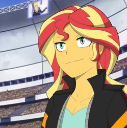 Size: 868x872 | Tagged: safe, artist:elioo, sunset shimmer, human, equestria girls, g4, anime, anime style, breasts, busty sunset shimmer, cleavage, clothes, crossover, female, my hero academia, present mic, smiling, solo, stadium, style emulation