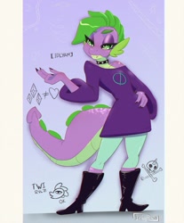 Size: 994x1200 | Tagged: safe, artist:inkypuso, spike, dragon, anthro, cutiemarks (and the things that bind us), nonexistent meet-cute [idlyam], vylet pony, g4, barb, boots, clothes, gender headcanon, goth, goth barb, hand on hip, heart, lidded eyes, nonbinary, nonbinary spike, shoes, simple background, solo, white background