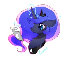 Size: 1002x830 | Tagged: safe, artist:dreamsugar, princess luna, alicorn, pony, g4, bust, cellphone, female, glowing, glowing horn, horn, magic, magic aura, mare, phone, portrait, simple background, smartphone, solo, telekinesis, white background