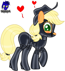 Size: 3840x4154 | Tagged: safe, artist:damlanil, applejack, earth pony, pony, g4, bdsm, blushing, bodysuit, bondage, bondage mask, boots, catsuit, clothes, collar, corset, female, floating heart, gag, gimp suit, heart, high heels, hood, latex, latex boots, latex suit, mare, muzzle gag, rubber, shiny, shoes, show accurate, simple background, solo, suit, transparent background, vector