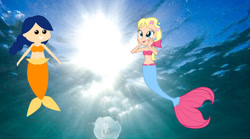 Size: 1212x674 | Tagged: safe, artist:boogeyboy1, megan williams, human, jellyfish, mermaid, equestria girls, g1, g4, equestria girls-ified, g1 to equestria girls, g1 to g4, generation leap, happy, sun, underwater, water