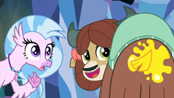 Size: 1920x1080 | Tagged: safe, screencap, silverstream, yona, classical hippogriff, hippogriff, yak, g4, season 9, uprooted, bowtie, cute, duo, duo female, female, happy, hulu reference, hulu thumbnail, monkey swings, oops, oops my bad, open mouth, paint, tail, the place where we belong, yellow paint, yonadorable
