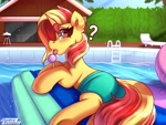 Size: 2000x1500 | Tagged: safe, artist:shadowreindeer, sunset shimmer, pony, unicorn, blushing, pool toy, question mark, solo, swimming pool