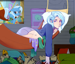 Size: 1280x1086 | Tagged: safe, artist:degurechaft, trixie, human, pony, unicorn, a horse shoe-in, g4, bag, book, clothes, cute, diatrixes, female, floppy ears, hammock, humanized, jewelry, mare, pillow, ring, scene interpretation, screencap reference, scroll, skirt, solo, sweater, trixie's wagon, wagon, watermark