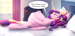 Size: 800x388 | Tagged: safe, artist:sinfoe, edit, princess cadance, alicorn, pony, g4, bed, belly, big belly, floating heart, heart, lying down, on back, pregdance, pregnant