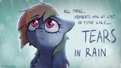 Size: 1920x1080 | Tagged: safe, artist:d3f4ult_4rt1st, rainbow dash, pegasus, pony, blade runner, chest fluff, looking up, rain, sad, solo, tears in rain, text, wet, wet mane