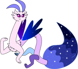 Size: 788x696 | Tagged: safe, artist:dolphboi, oc, oc only, oc:symphony (draconequus), draconequus, female, looking at you, simple background, sister, smiling, solo, starry tail, starry wings, story included, tail, transparent background, wings