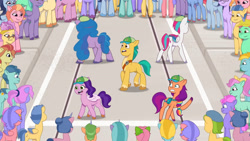 Size: 3410x1920 | Tagged: safe, screencap, hitch trailblazer, izzy moonbow, pipp petals, posey (g5), sunny starscout, zipp storm, earth pony, pegasus, pony, unicorn, another pony's trash, g5, my little pony: tell your tale, spoiler:g5, spoiler:my little pony: tell your tale, spoiler:tyts01e23, female, high res, male, mane five (g5), mare, open mouth, stallion, youtube link