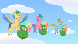Size: 3410x1920 | Tagged: safe, screencap, cherry flyaway, feather clips, lemon gear, pegasus, pony, another pony's trash, g5, my little pony: tell your tale, spoiler:g5, spoiler:my little pony: tell your tale, spoiler:tyts01e23, cloud, female, flying, high res, male, mare, sky, spread wings, stallion, trio, wings, youtube link