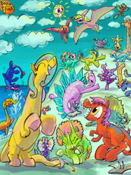 Size: 2624x3500 | Tagged: safe, artist:ja0822ck, princess celestia, dinosaur, pony, stegosaurus, triceratops, g4, asteroid, cloud, dinopony, happy, high res, imminent death, open mouth, open smile, ponified, sharp teeth, smiling, sun, teeth, this will end in death