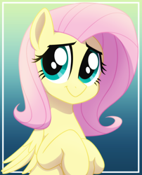 Size: 1940x2400 | Tagged: safe, artist:whitequartztheartist, fluttershy, pegasus, pony, g4, aside glance, big eyes, bust, cute, female, folded wings, gradient background, high res, hooves to the chest, looking at you, mare, shyabetes, smiling, smiling at you, solo, three quarter view, wings