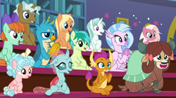 Size: 1278x718 | Tagged: safe, screencap, amber grain, clever musings, cozy glow, fuchsia frost, gallus, ocellus, peppermint goldylinks, sandbar, silverstream, smolder, snowy quartz, yona, changedling, changeling, classical hippogriff, dragon, earth pony, griffon, hippogriff, pegasus, pony, unicorn, yak, a rockhoof and a hard place, bow, cloven hooves, colored hooves, dragoness, female, friendship student, hair bow, jewelry, malachite (sailor moon), male, monkey swings, necklace, student six, teenager