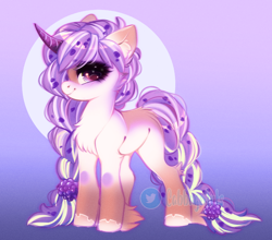 Size: 800x704 | Tagged: safe, artist:cabbage-arts, oc, oc only, oc:lavender tea, pony, unicorn, adoptable, auction open, butt fluff, chest fluff, colored hooves, curved horn, cute, ear fluff, female, film grain, full body, gradient background, horn, looking at you, mare, pale belly, smiling, smiling at you, solo, unicorn oc, unshorn fetlocks, watermark