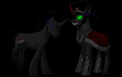 Size: 3072x1953 | Tagged: safe, artist:moonight118, king sombra, pony, umbrum, unicorn, a tale of one shadow, g4, antagonist, black background, curved horn, duality, evil smile, eyes closed, grin, horn, male, shadow, simple background, smiling, sombra eyes, sombra's cutie mark