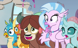 Size: 949x591 | Tagged: safe, screencap, gallus, ocellus, silverstream, smolder, yona, changedling, changeling, classical hippogriff, dragon, griffon, hippogriff, yak, a rockhoof and a hard place, cropped, reaction image, varying degrees of want