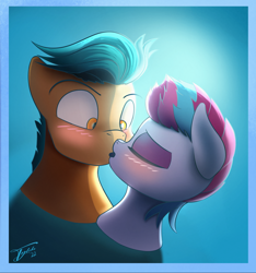Size: 2188x2336 | Tagged: safe, artist:tyleks, hitch trailblazer, zipp storm, earth pony, pegasus, pony, g5, adorazipp, blushing, bust, cute, duo, duo male and female, eyebrows, eyes closed, female, high res, hitchbetes, kiss on the lips, kissing, male, mare, ship:stormblazer, shipping, signature, simple background, stallion, straight, surprise kiss