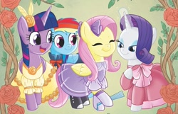 Size: 945x608 | Tagged: safe, idw, fluttershy, rainbow dash, rarity, twilight sparkle, alicorn, pegasus, pony, unicorn, g4, my little pony classics reimagined: little fillies, anniversary, bowtie, clothes, cute, dashabetes, dress, eyes closed, eyeshadow, female, flower, gloves, glowing, glowing horn, horn, little women, magic, makeup, mare, raribetes, rose, shyabetes, twiabetes, twilight sparkle (alicorn)