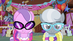 Size: 640x360 | Tagged: safe, artist:sanluris, edit, edited screencap, screencap, alula, diamond tiara, liza doolots, petunia, pluto, silver spoon, tootsie flute, tornado bolt, earth pony, pony, call of the cutie, g4, clothes, dress, female, filly, foal, looking at you, party, smiling, smiling at you, sugarcube corner, vinyl's glasses
