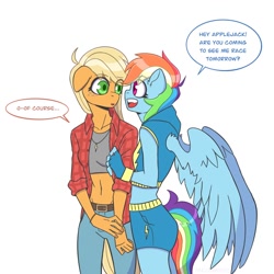 Size: 1200x1200 | Tagged: safe, artist:shallowwin, applejack, rainbow dash, earth pony, pegasus, anthro, g4, belly button, belt, clothes, cute, dashabetes, delicious flat chest, denim, duo, female, fingerless gloves, flannel, flatjack, floppy ears, gloves, hoodie, jackabetes, jeans, jewelry, lesbian, midriff, necklace, open mouth, pants, rainbow flat, ship:appledash, shipping, shorts, simple background, sleeveless, sleeveless hoodie, sports bra, sports shorts, white background, wristband