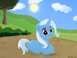 Size: 1280x960 | Tagged: safe, artist:thedarktercio, trixie, pony, unicorn, g4, cloud, cute, diatrixes, female, looking at you, mare, sky, smiling, solo, sun, tree